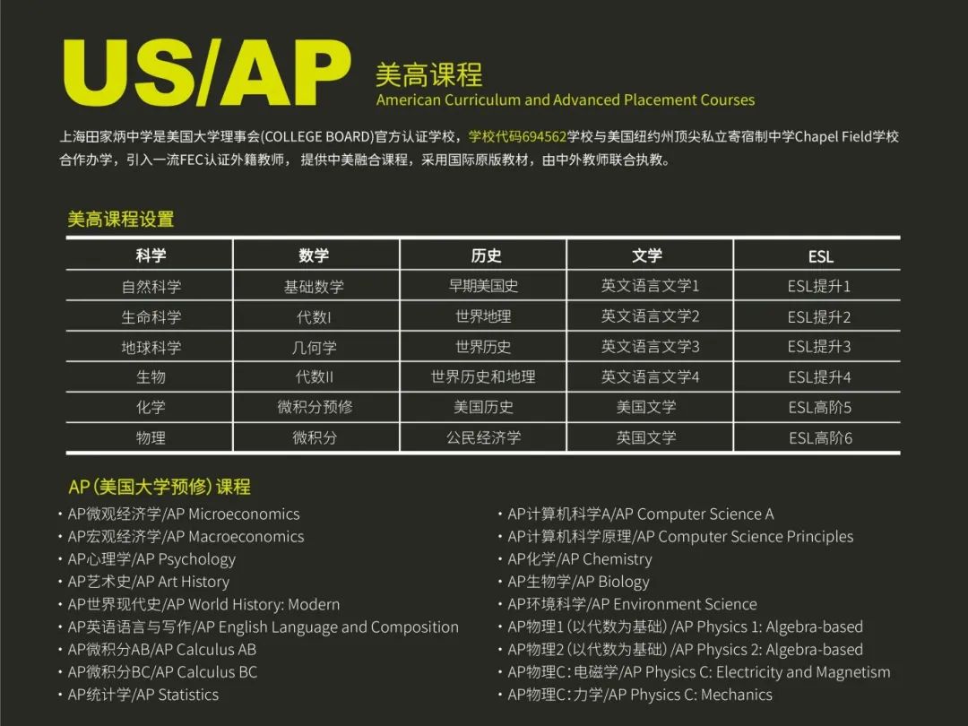 上海田家炳中學(xué)國際部：與美國私立名校合作，開設(shè)AP/A-Level課程